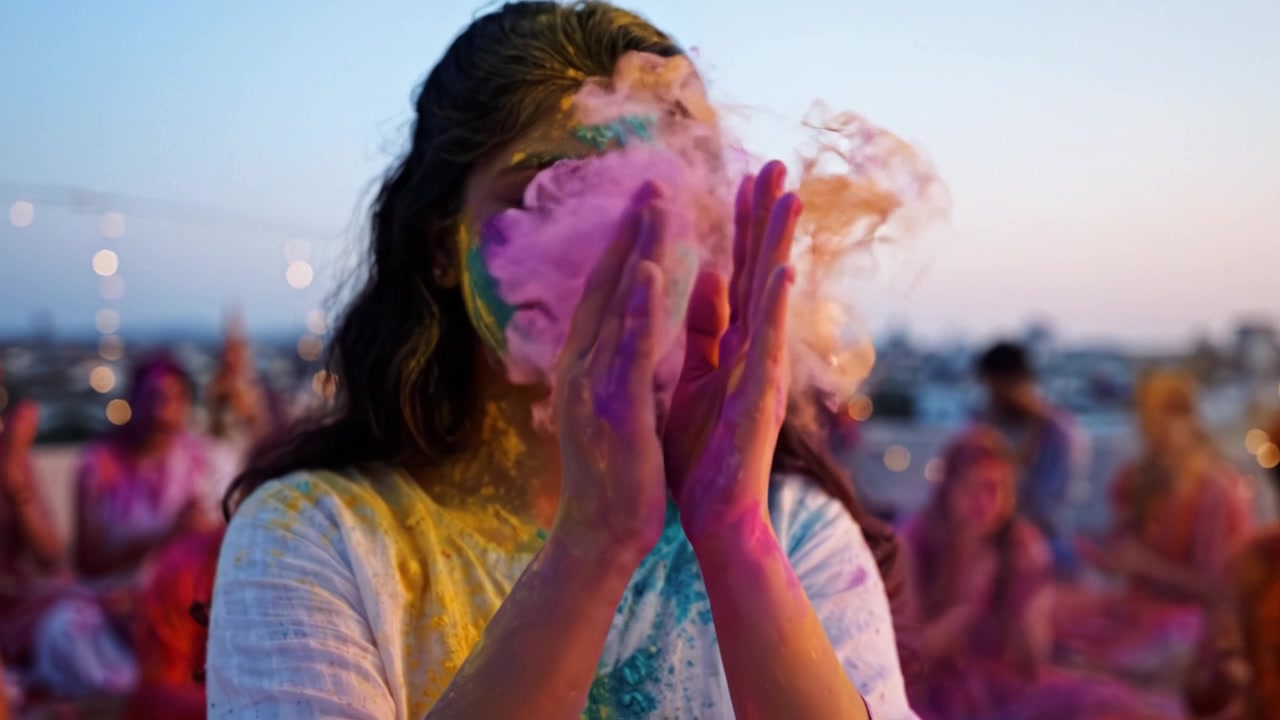 Gioiosa Celebrazione dei Colori: Una Donna Avvolta in Nuvole Vibranti Durante un Festival dei Colori, Irradiando Felicità e Abbracciando lo Spirito di Unione