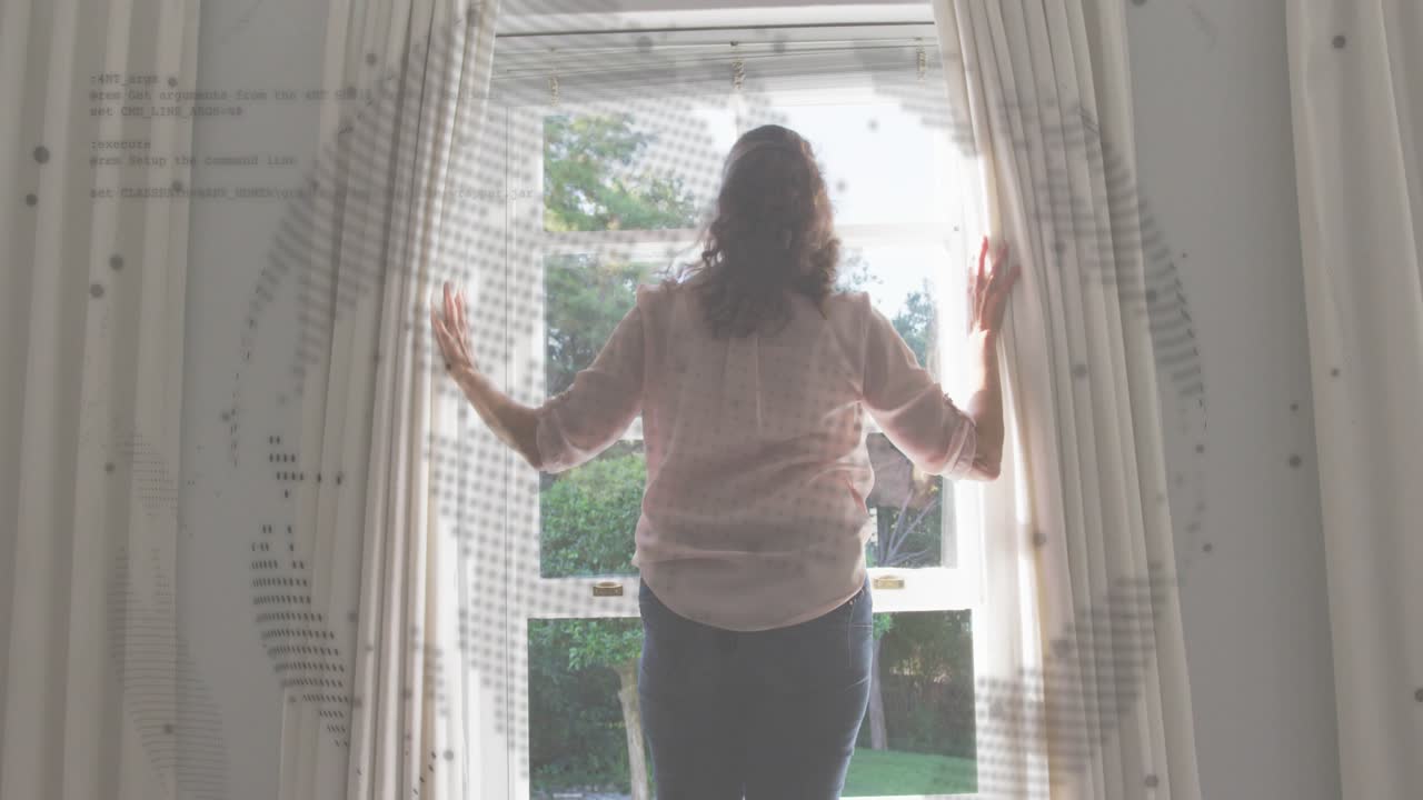 Mature woman adjusting hair then drawing curtains while map overlay dimming and revealing garden