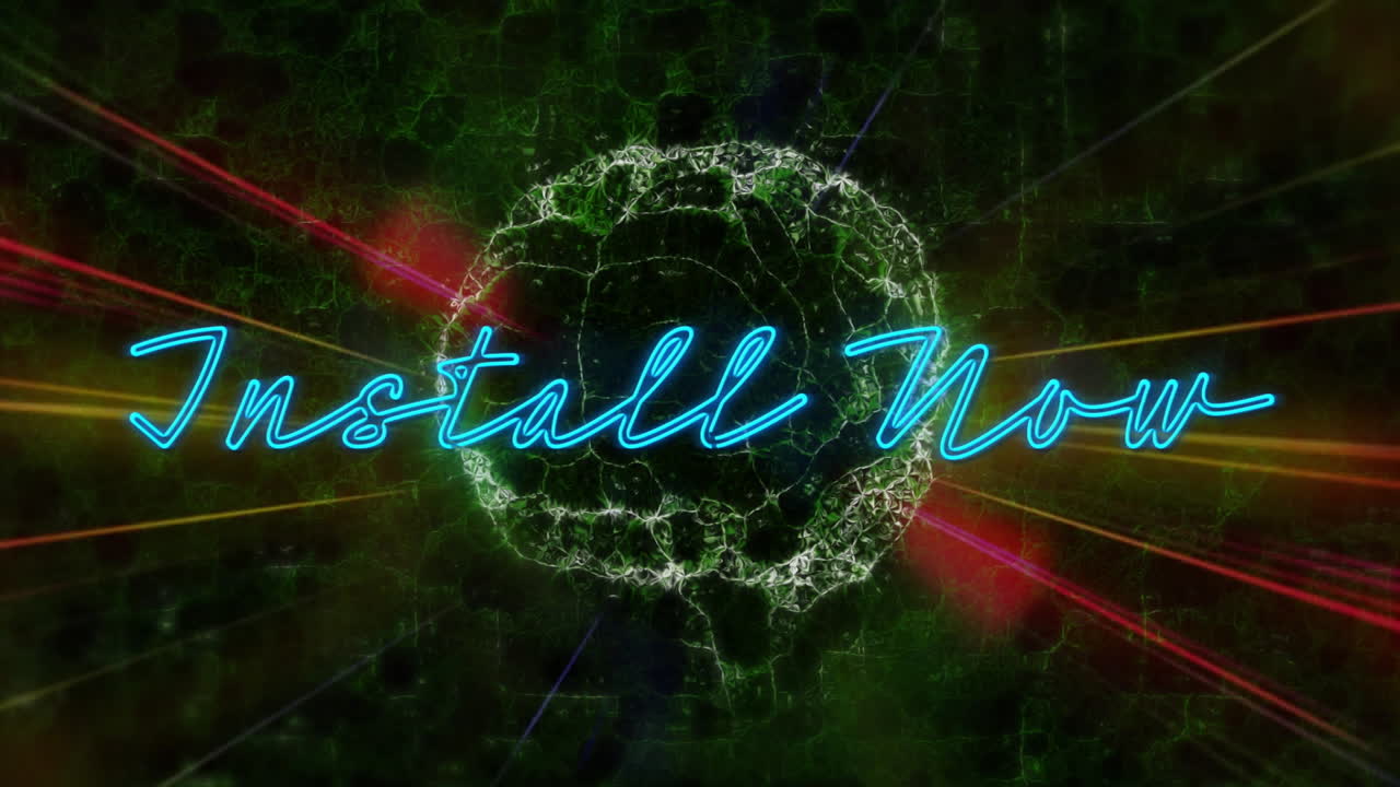 ahora instalar animación de texto sobre patrón circular brillante con rayos rojos y verdes