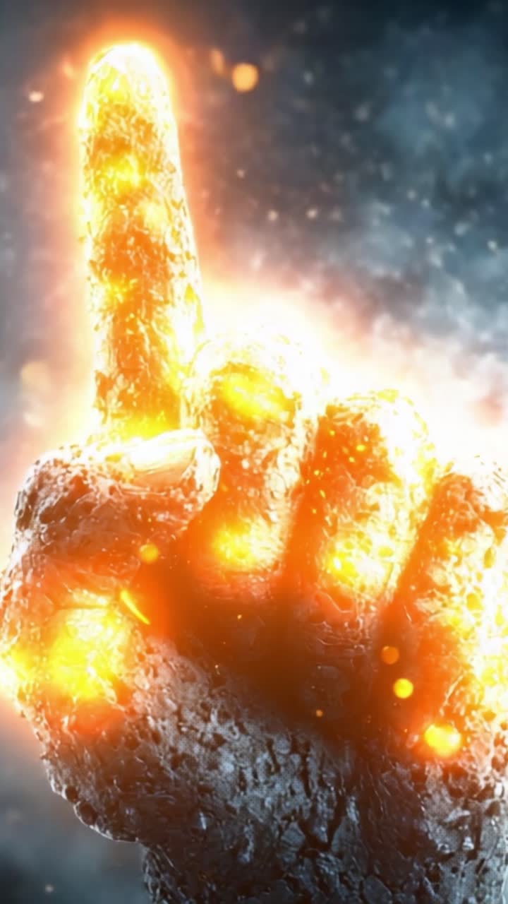 Un gesto della mano radioso illuminato da scintille infuocate, che simboleggia potere e autorità, mostrando texture dettagliate ed effetti di luce vividi in uno spettacolo visivo accattivante