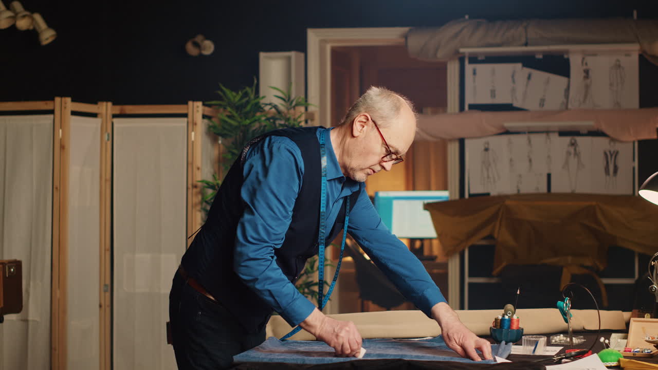 Erfaren skrædder, der arbejder i atelier