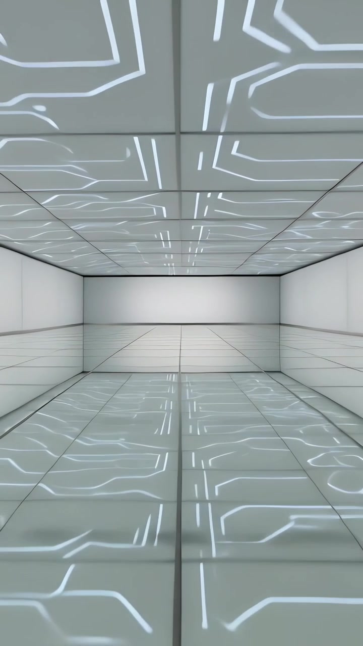 Vertical video: Pushing camera gliding through glossy corridor, showing LED ceiling and center seam