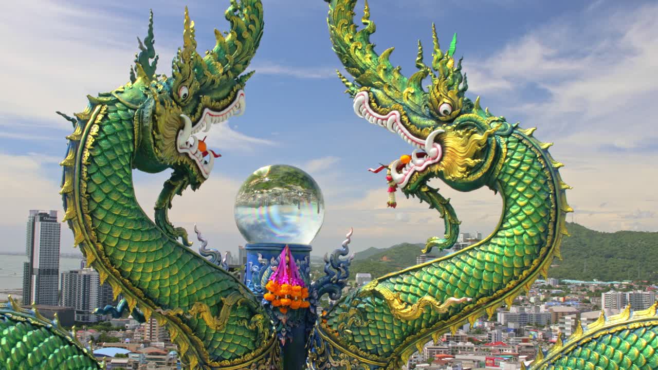 Emerald Dragon and Enchanting Crystal Ball at a Thai Vista, Gazing over Chonburi City
