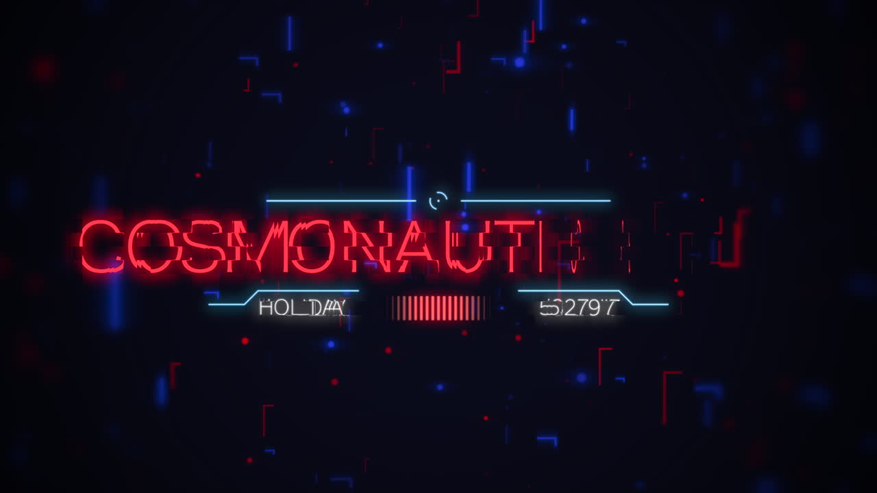 Neon Cosmonautics in futuristic font lights up in striking red and blue on grid background