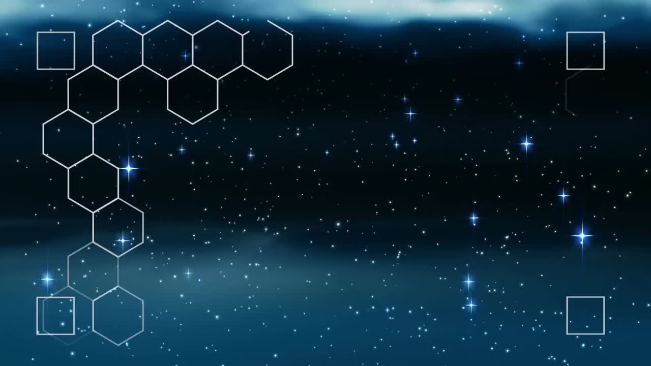 Animation of glowing multiple green hexagons with white frame over glowing stars on night sky
