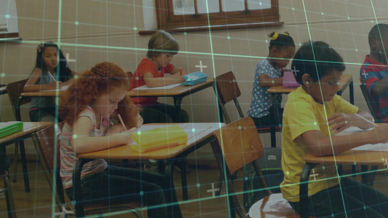 Students opening notebooks then writing at desks for school while grid overlay scanning progress