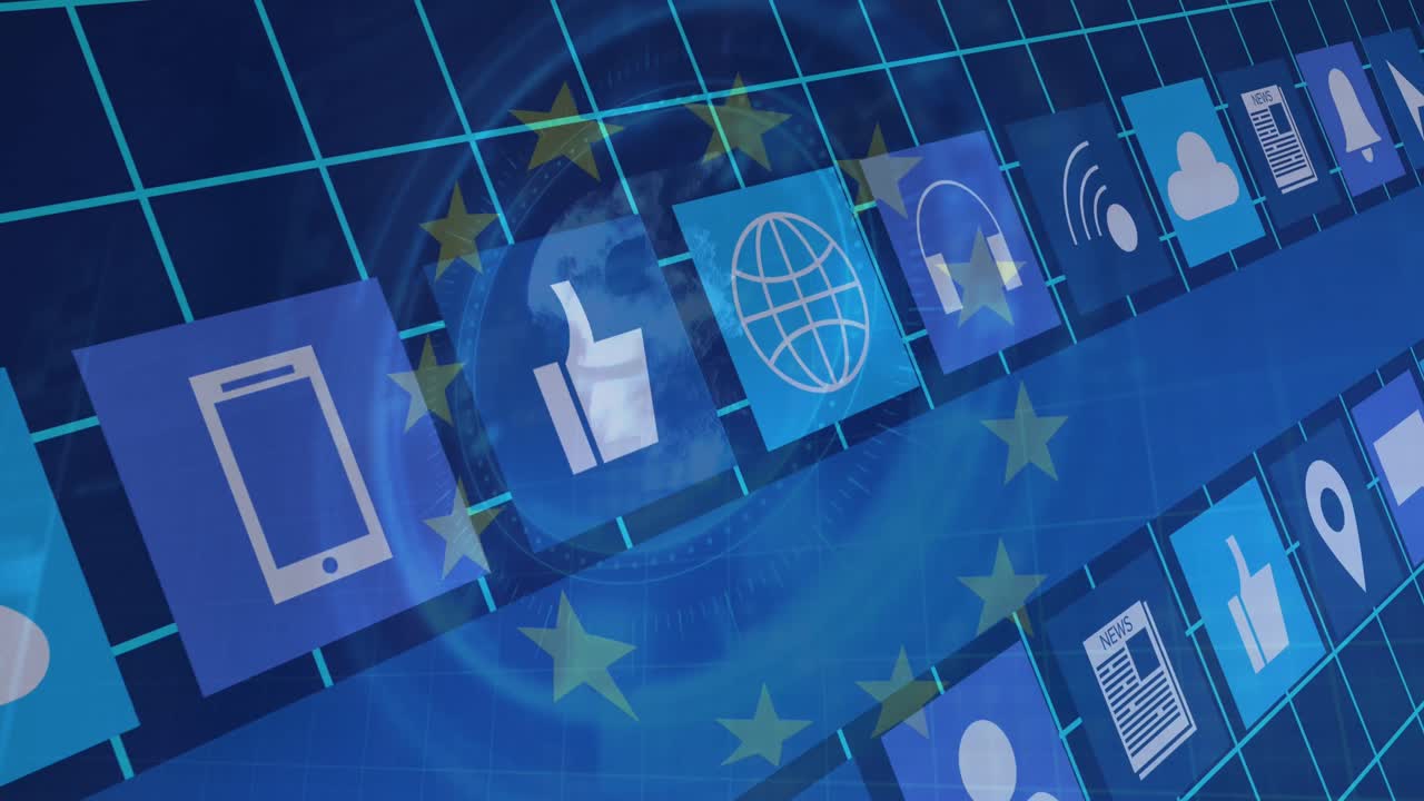 유럽 연합  ⁇ 발, 디지털 소셜 미디어 아이콘 및 파란색 배경의 데이터 처리 애니메이션