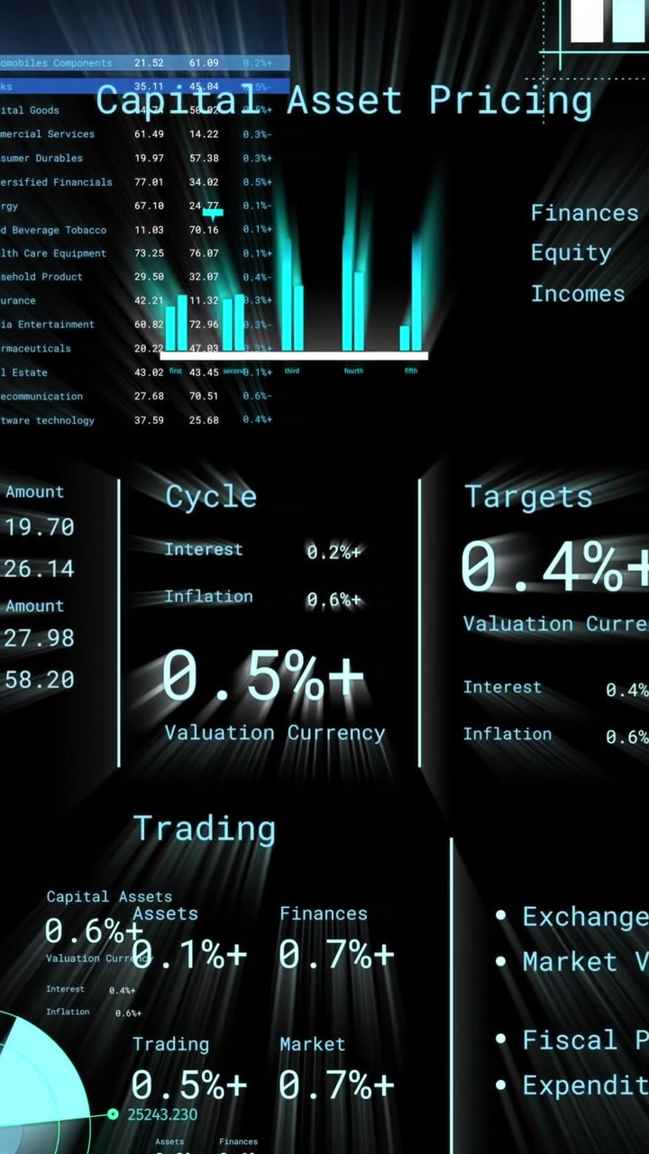 Animation of financial data processing with numbers over black background