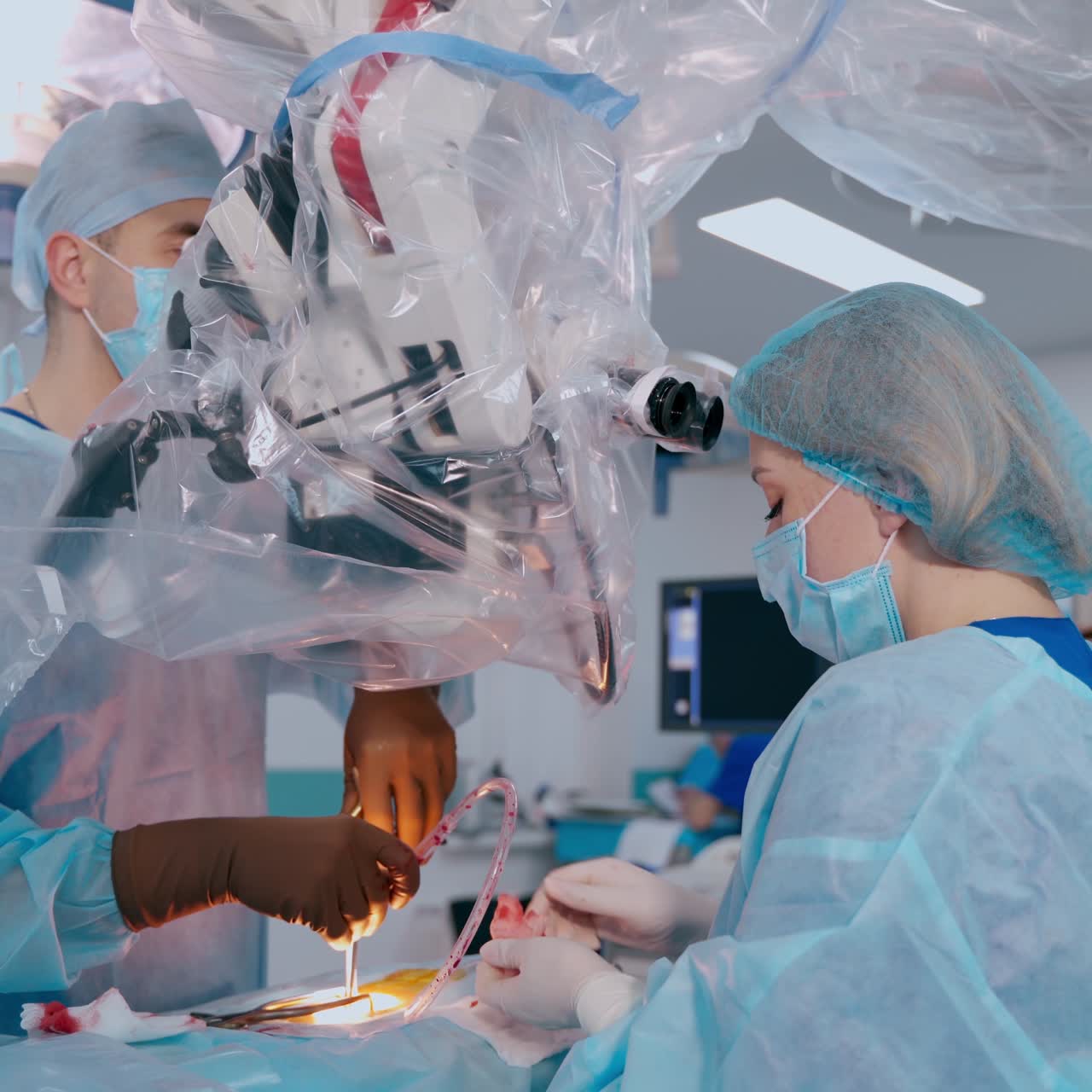 Operating microscope during surgery process. Specialist and his assistant perform an operation through the microscope. Doctor uses medical instruments.