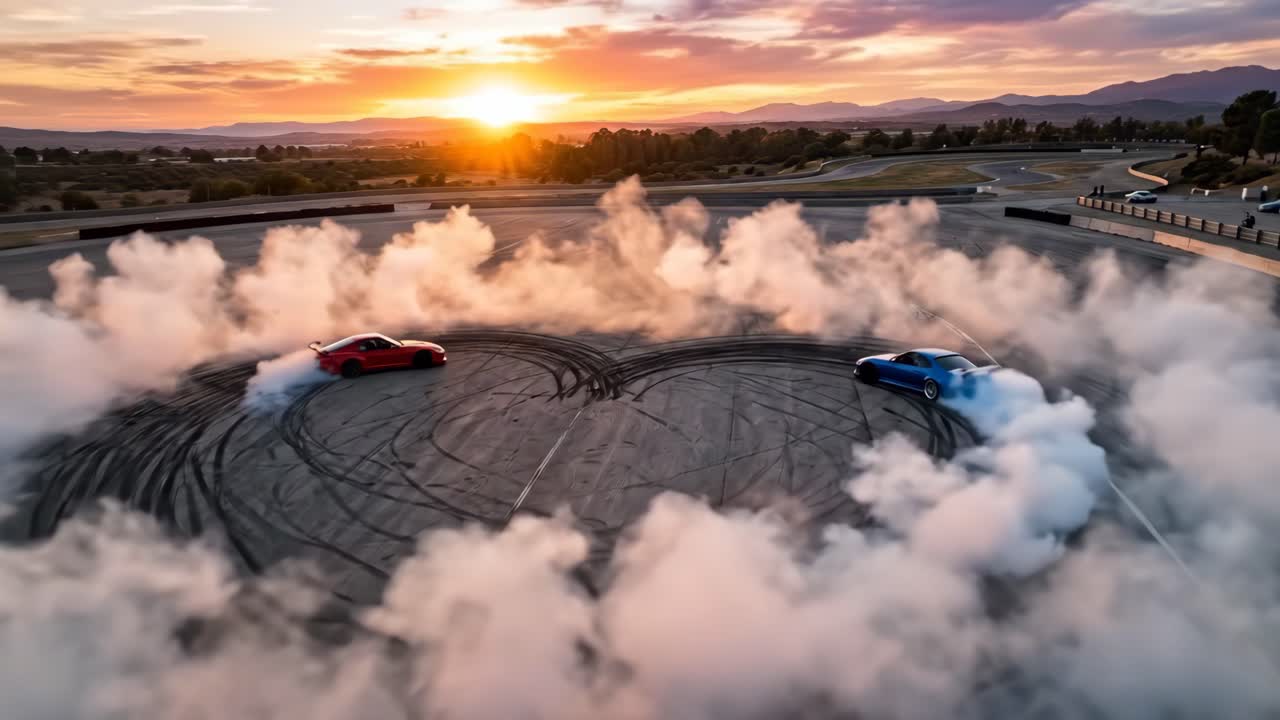 To sportsvogne drifter i en hjerteform ved solnedgang på en racerbane