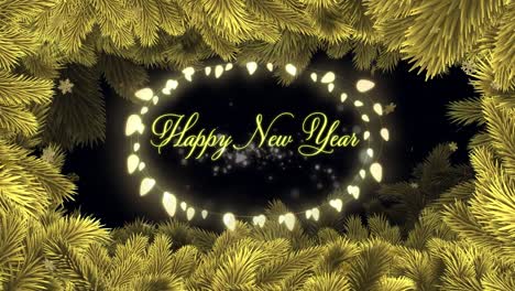 animation of happy new year text with glowing lights, golden snowflakes and christmas tree border