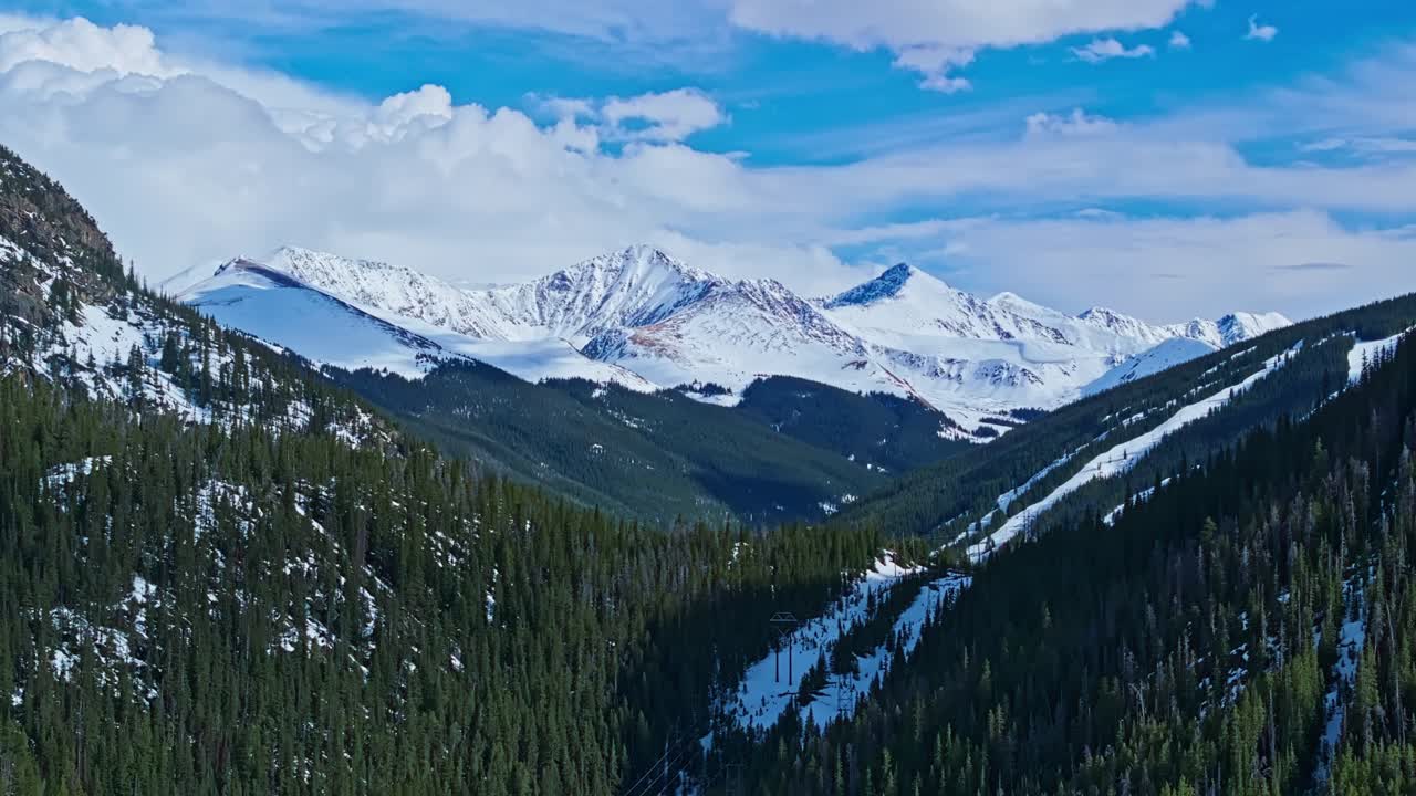 Snow patched slope and dense pine forest in Frisco Gulch under clear skies, Colorado USA