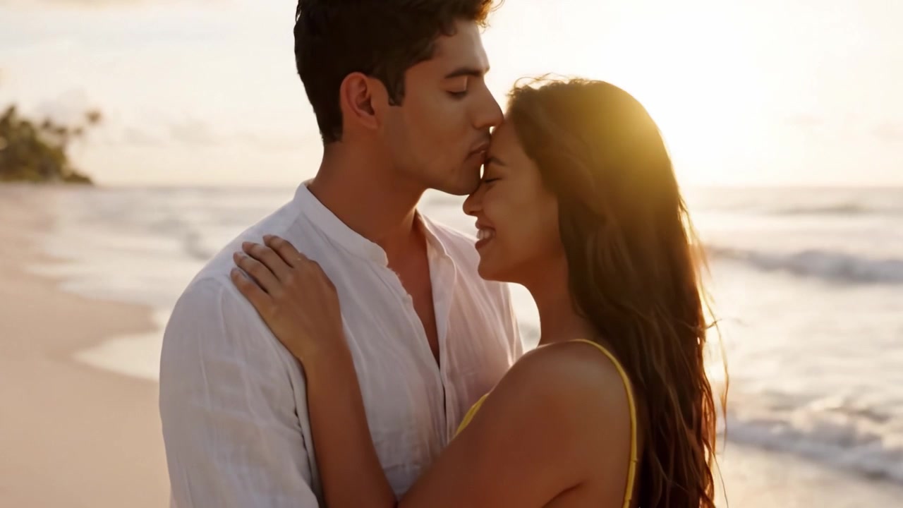 A Romantic Sunset at the Beach: A Couple's Embrace Captured in Moments of Joy and Love, Surrounded by the Warm Glow of the Setting Sun and the Gentle Waves of the Ocean