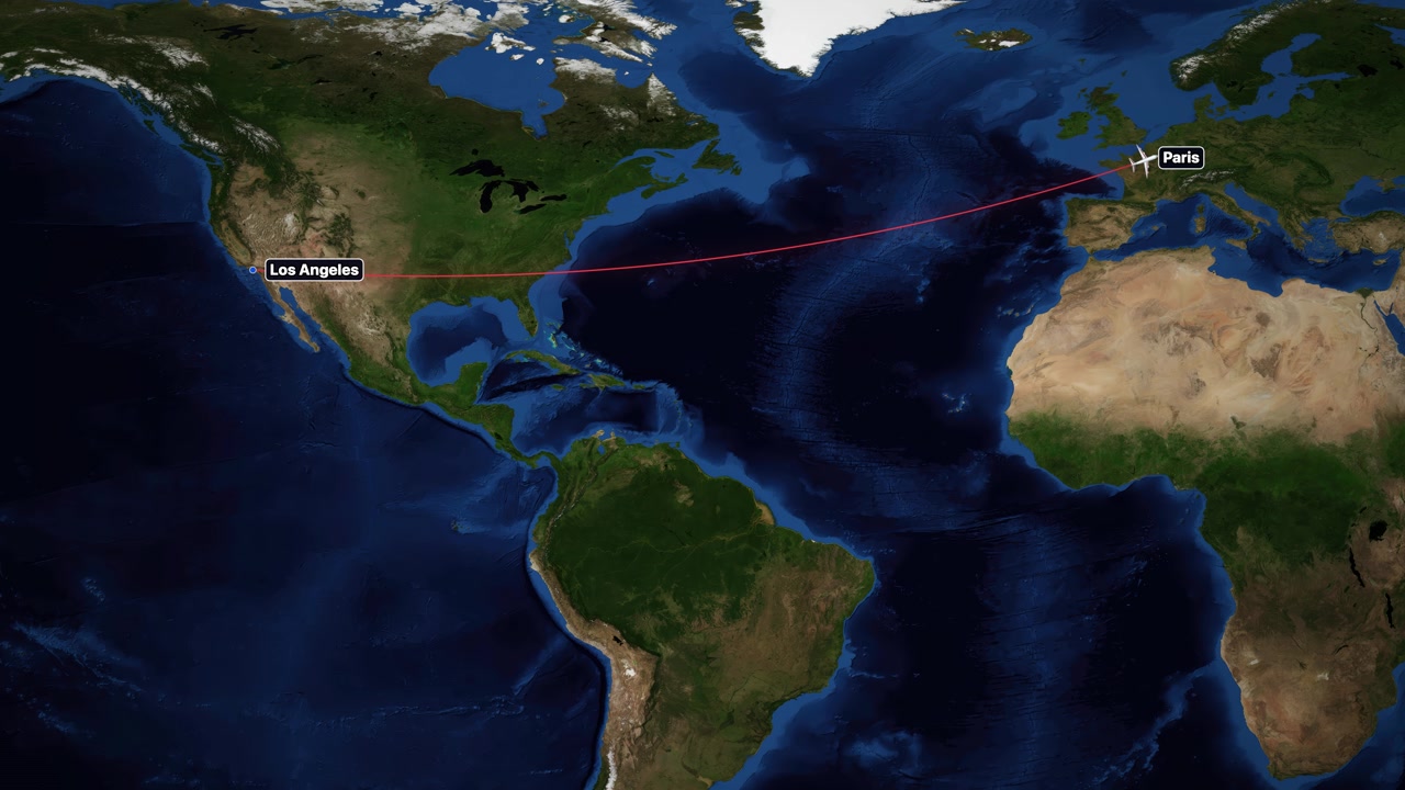 Animated Airplane Flight Path from Los Angeles to Paris on World Map