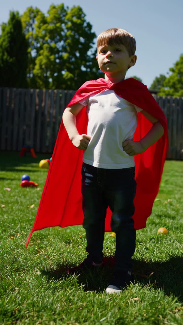 Child Playing Superhero in Backyard