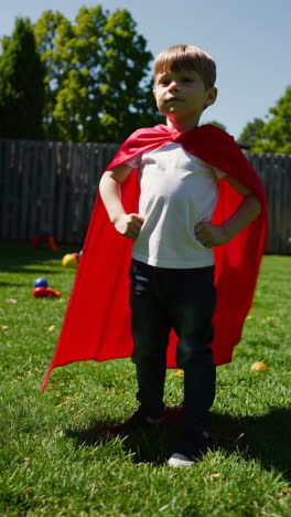 child playing superhero in backyard
