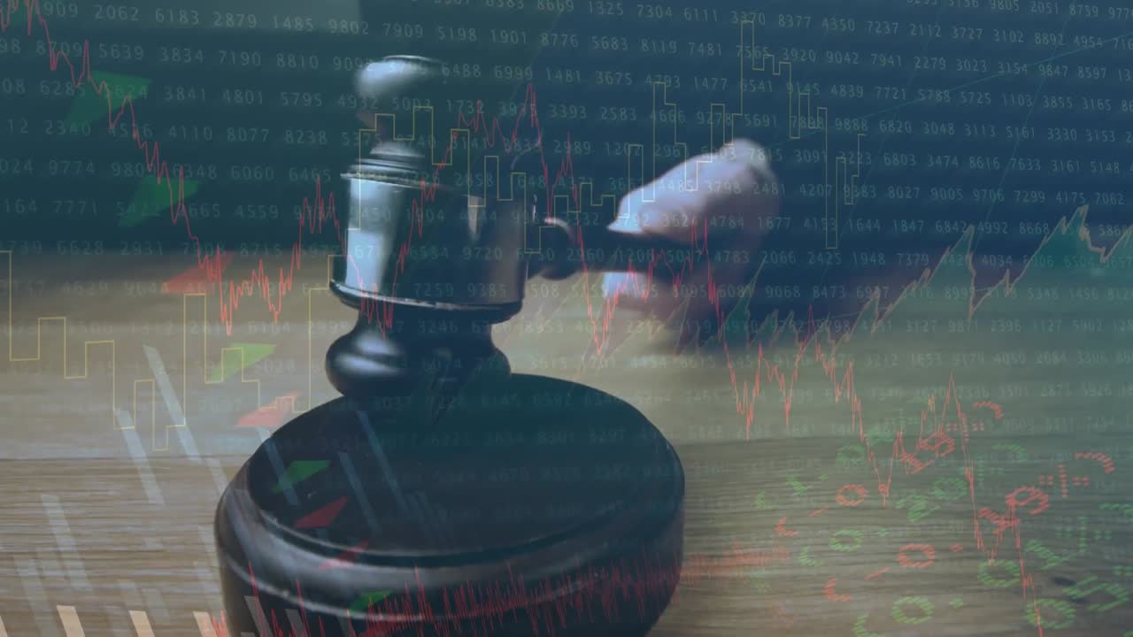 Animation of statistics and financial data processing over auctioneer's hammer