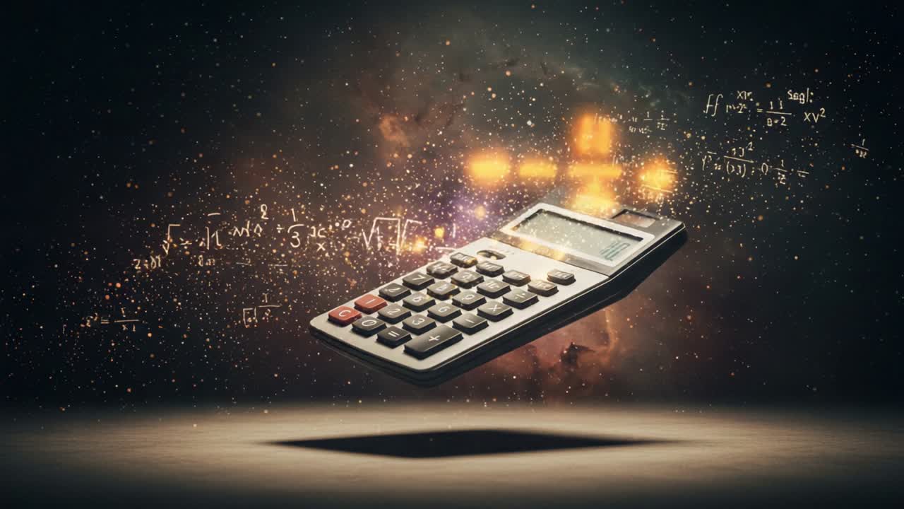 A Floating Calculator Surrounded by Cosmic Equations and Celestial Imagery, Highlighting the Intersection of Mathematics and the Universe in a Mystical Display