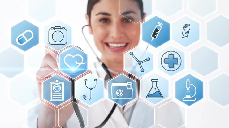 Doctor sonriente con estetoscopio que muestra varios iconos