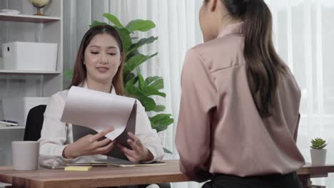 young and enthusiastic candidate interview with hr manager in office.