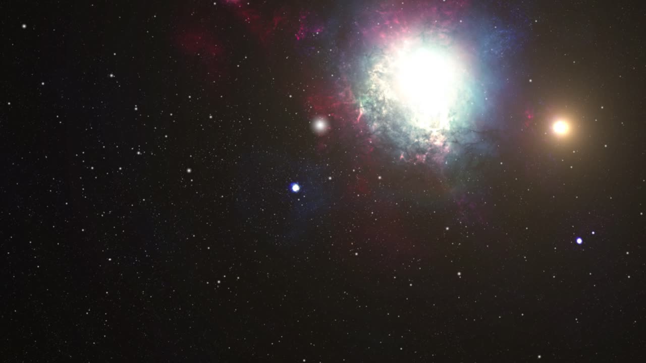 성운을 배경으로 우주의 어둠 속에서 밝은 빛