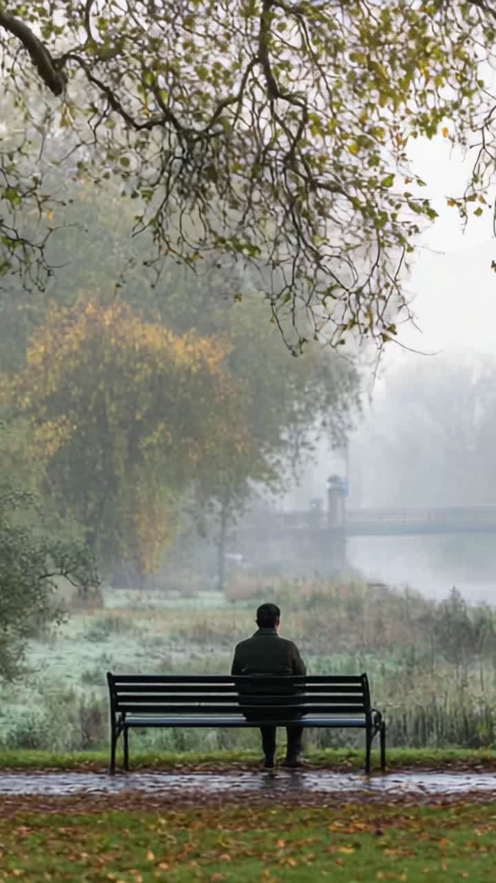 A Solitary Moment of Reflection by the Water's Edge: A Man Seated on a Park Bench Surrounded by Tranquil Nature on a Misty Morning