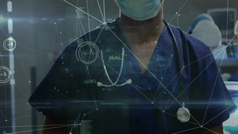 Animation-of-network-of-connections-and-data-processing-over-surgeon-in-operating-theater