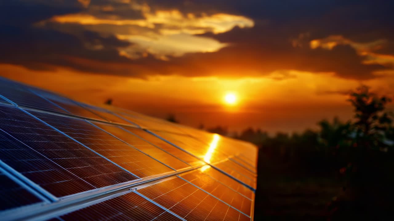 Tramonto suggestivo sopra i pannelli solari, che mette in mostra l'energia rinnovabile al crepuscolo con colori vivaci e superfici riflettenti in un sereno contesto paesaggistico