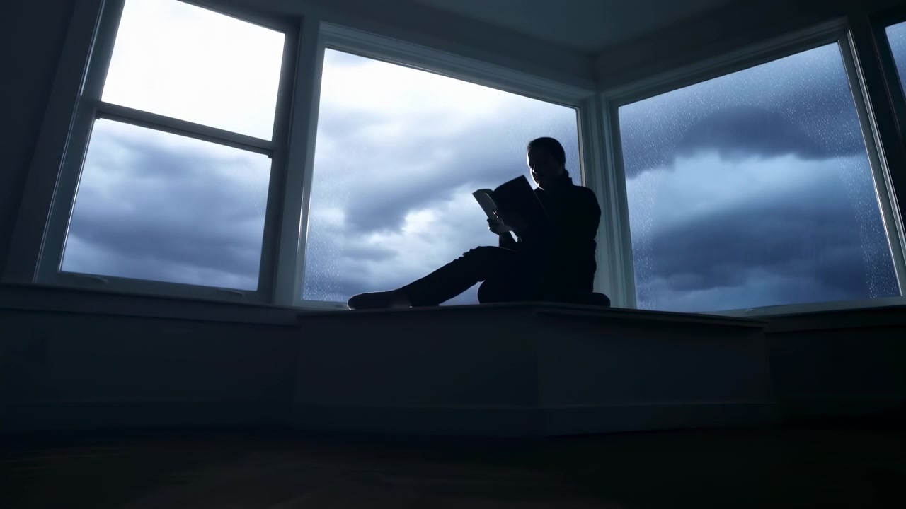 Silhouetted person reading on windowsill during stormy overcast middle sequence showing