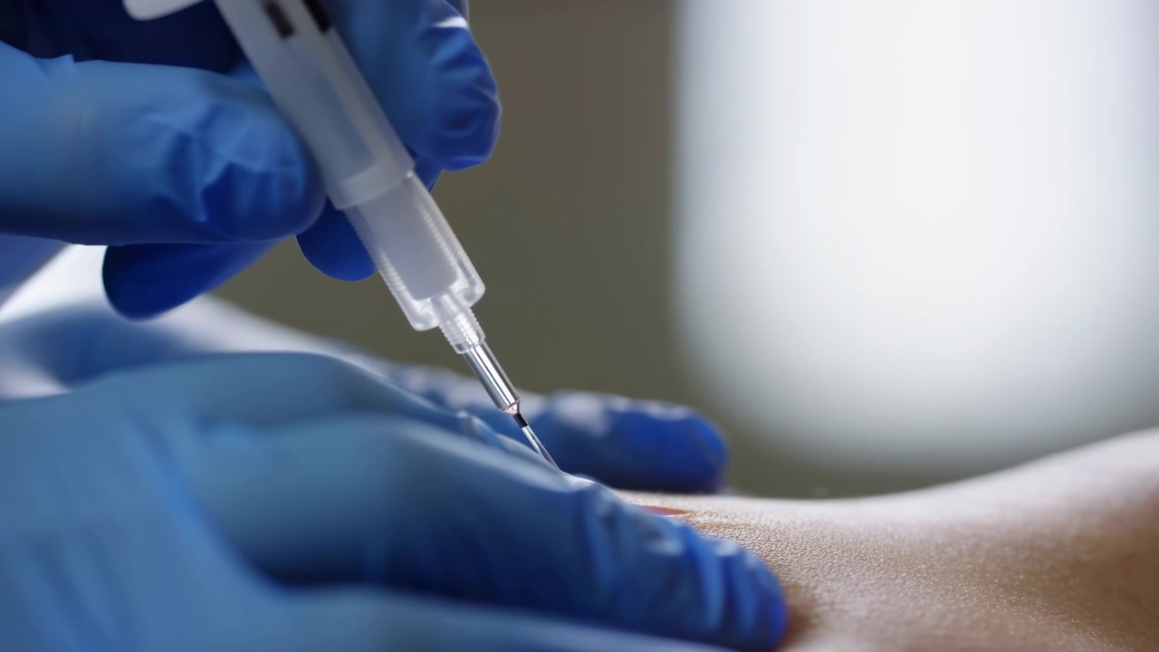 Primo piano di mani guantate che iniettano un braccio, infermiera di clinica che somministra un vaccino con una siringa, guanti in nitrile blu