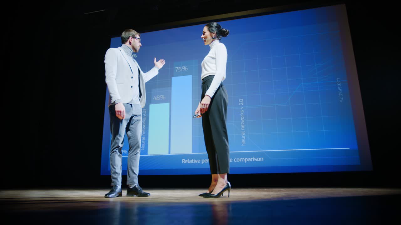 en el escenario, ejecutivas exitosas y oradores masculinos presentan el nuevo producto de la compañía, muestran infografías, estadísticas en la pantalla grande, hablan sobre el crecimiento. evento en vivo, startup tecnológico, conferencia de negocios