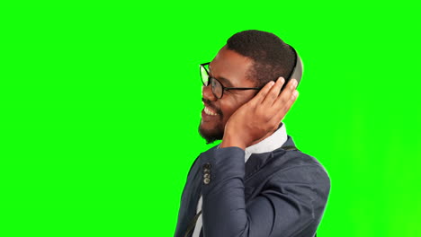 Business-man,-headphones-and-green-screen