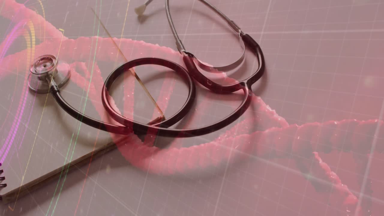 스 스캔 및 스테토스코프 위의 dna 스트랜드의 애니메이션