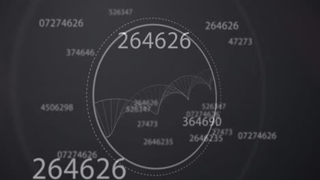 Multiple numbers changing against DNA structure on black background