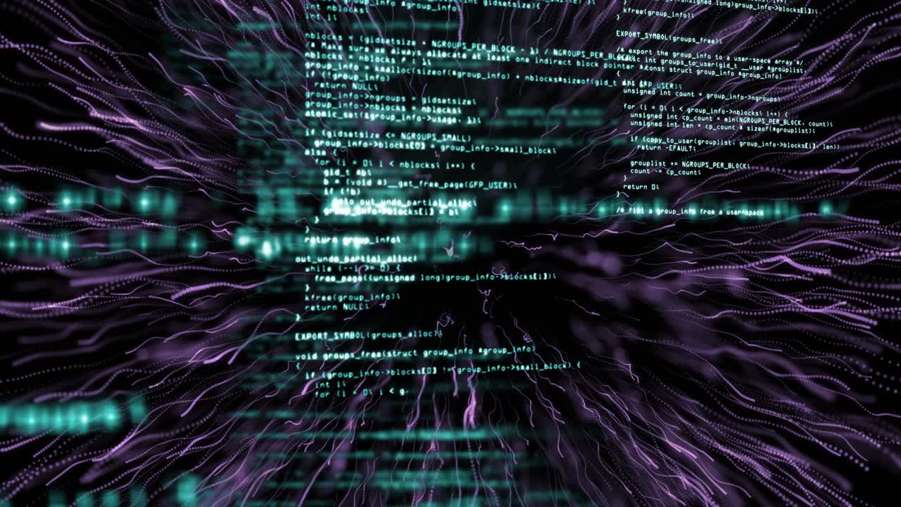 Animation of data processing and light trails over black background