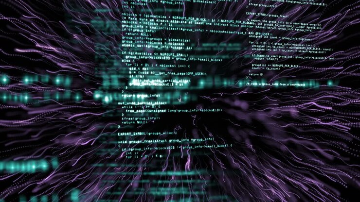 Animation of data processing and light trails over black background