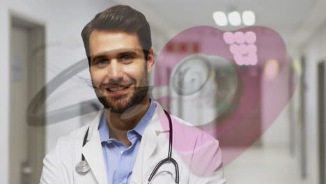 animación de estetoscopio sobre feliz médico caucásico en el hospital