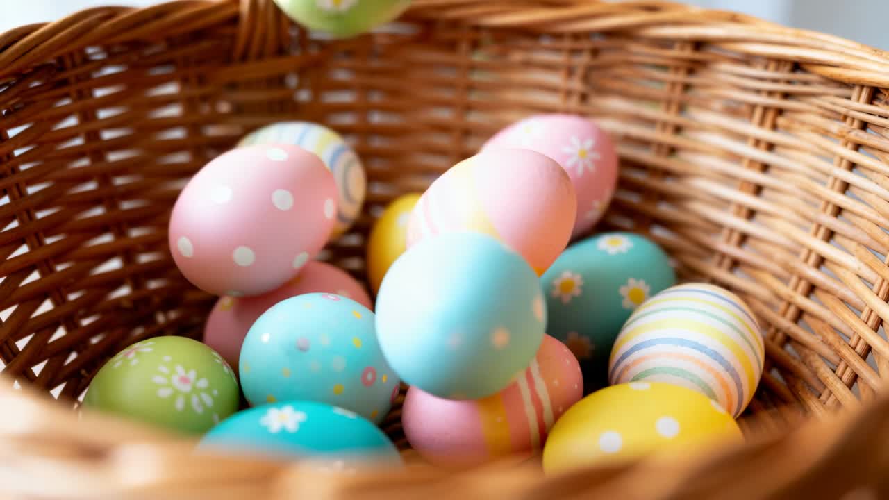 Falling pastel eggs hitting pile, causing woven basket tumbling at home, green daisy egg landing