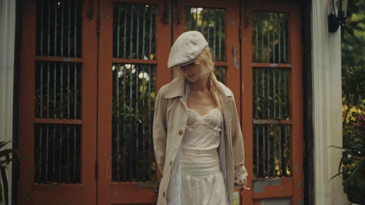 A woman in a coat and hat posing in front of a door