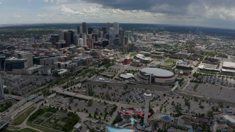 downtown denver aerial drone cinematic south platte river elitch gardens ball arena du mscd cityscape colorado cars traffic parking lot nuggets avalanche broncos spring summer backward movement