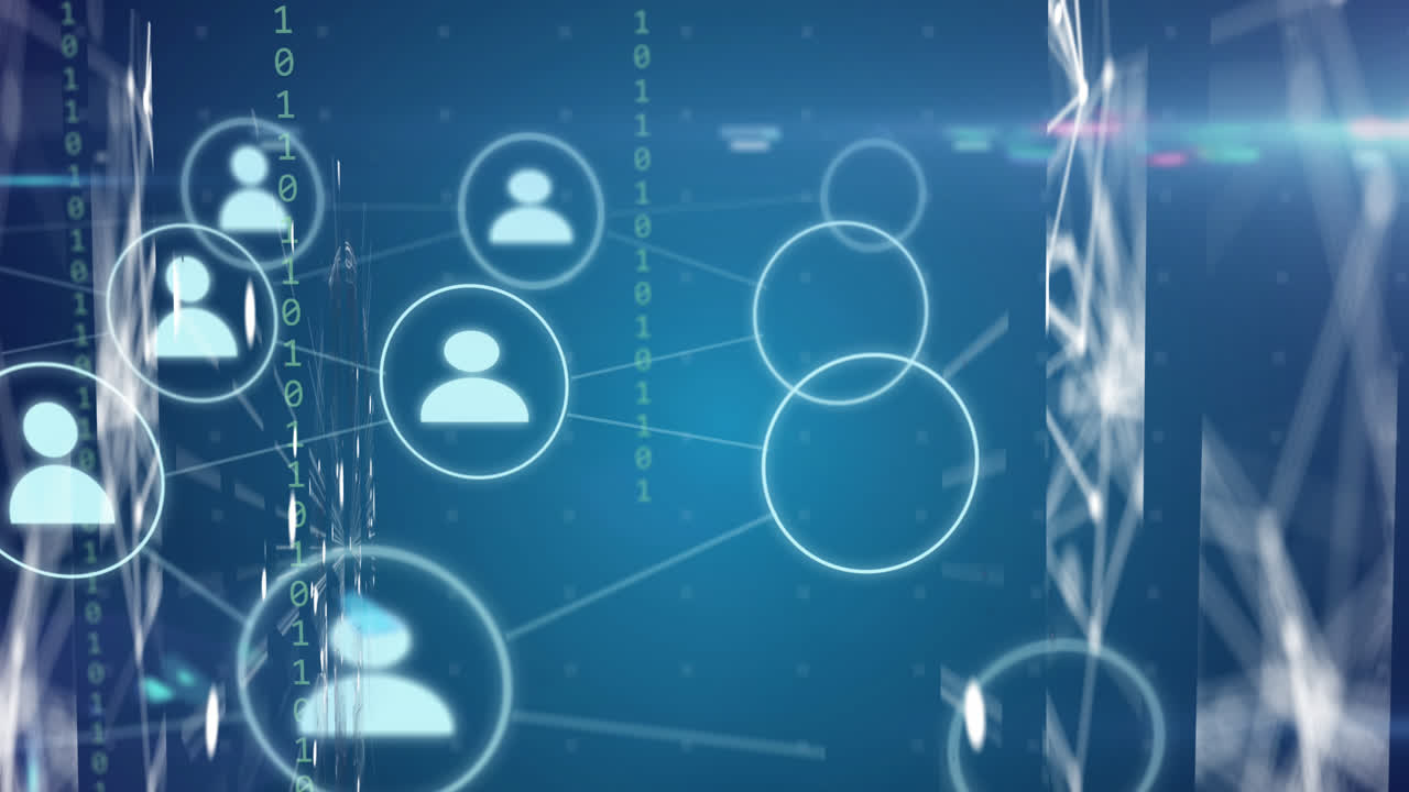 Animation of digital icons, binary coding and data processing