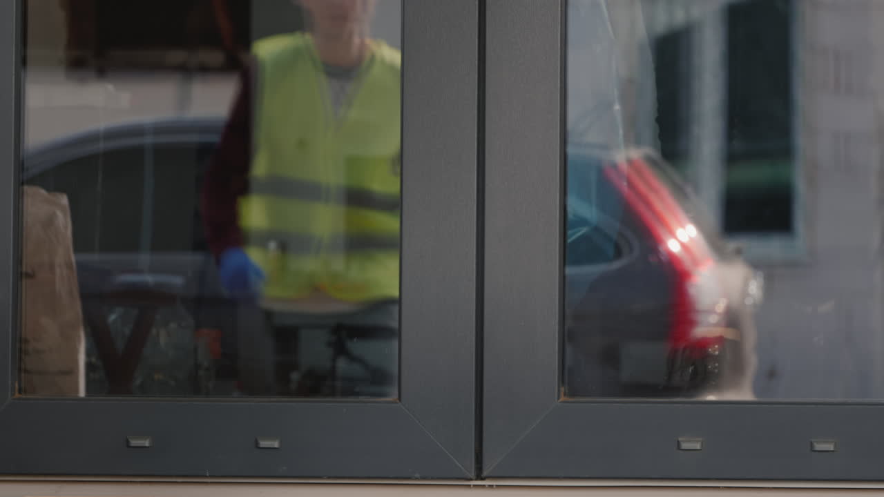 자원봉사자는 사람들이 자가 격리 중인 집 문앞에서 쓰레기 봉투를 줍습니다.