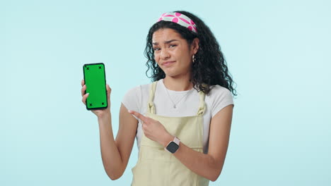 Woman,-phone-green-screen-and-shake-head-for-wrong