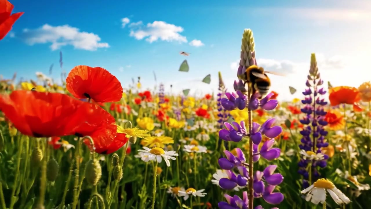 Un vivace prato primaverile pieno di fiori selvatici colorati e farfalle sotto un cielo azzurro brillante, che cattura l'essenza della bellezza e dell'armonia della natura.