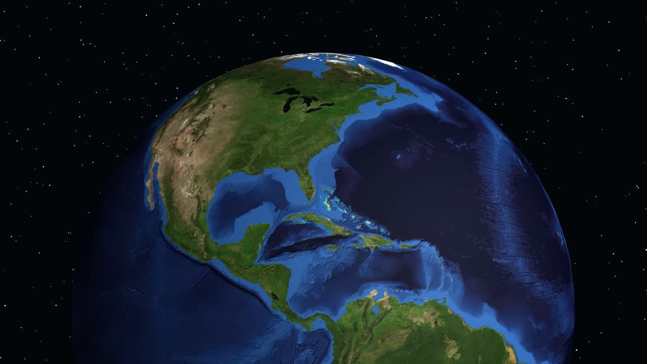 Un globo 3D ruota nello spazio prima di zoomare sul Nord America per evidenziare Arlington, Texas