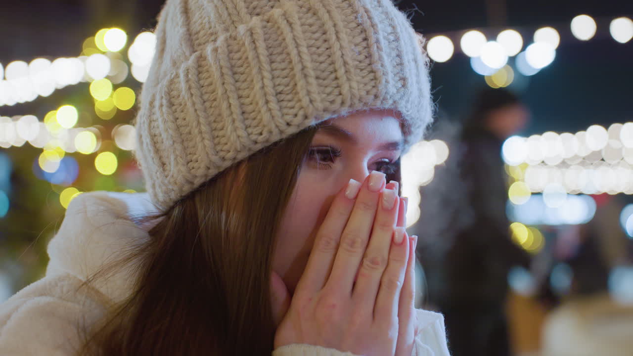 Young woman wearing beanie and winter coat sits outdoors on a chilly night, rubbing hands together to keep warm, city lights and people moving in festive winter setting