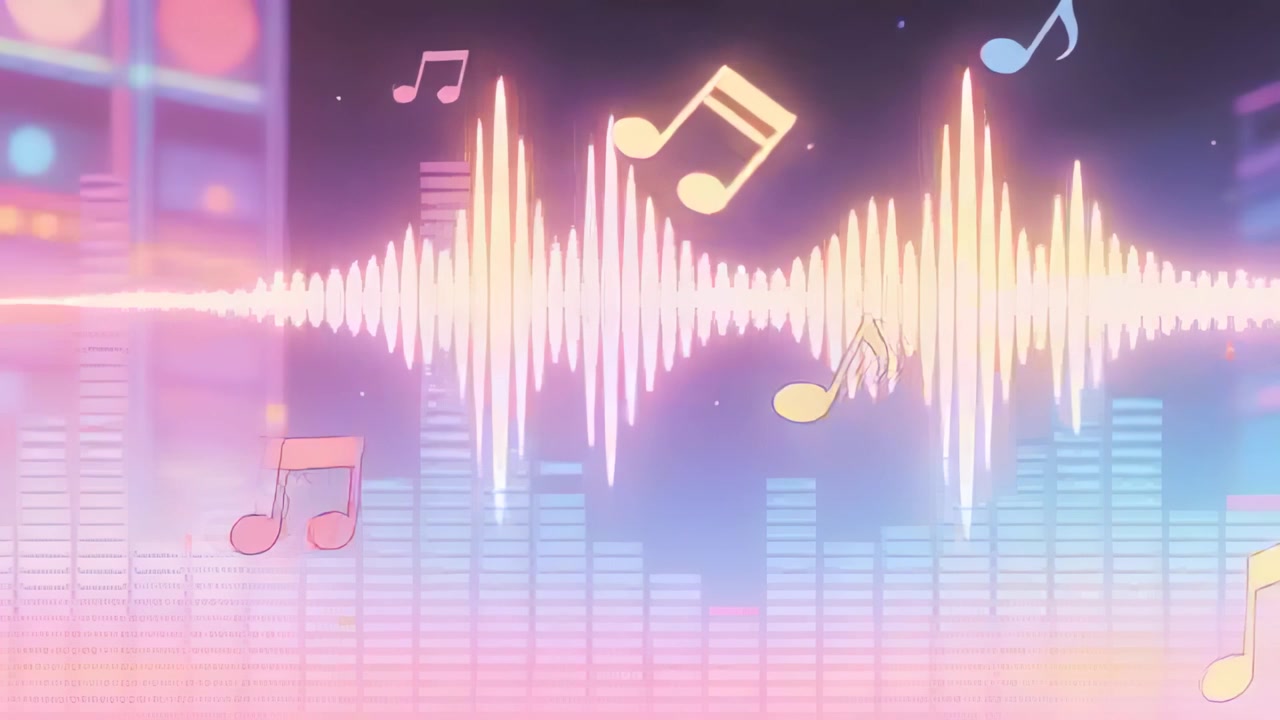 Pulsing waveform responding to music beat at club, ribbon crossing center creating flare with notes
