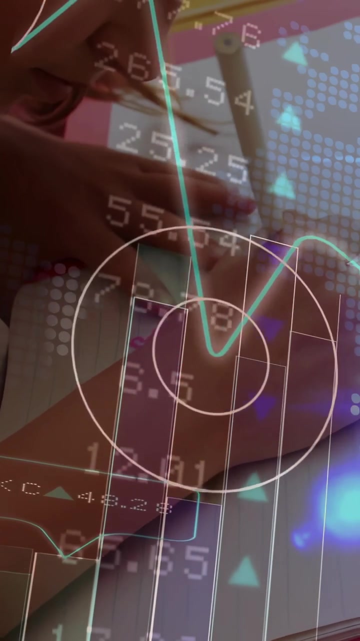 Vertical video: Girl student putting pencil on page writing finance while charts overlaying hands