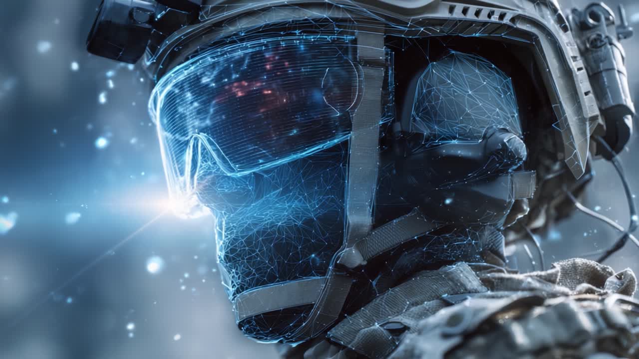 Soldato futuristico dotato di visore high-tech, che raffigura la sintesi delle capacità umane e della tecnologia avanzata nella guerra moderna.