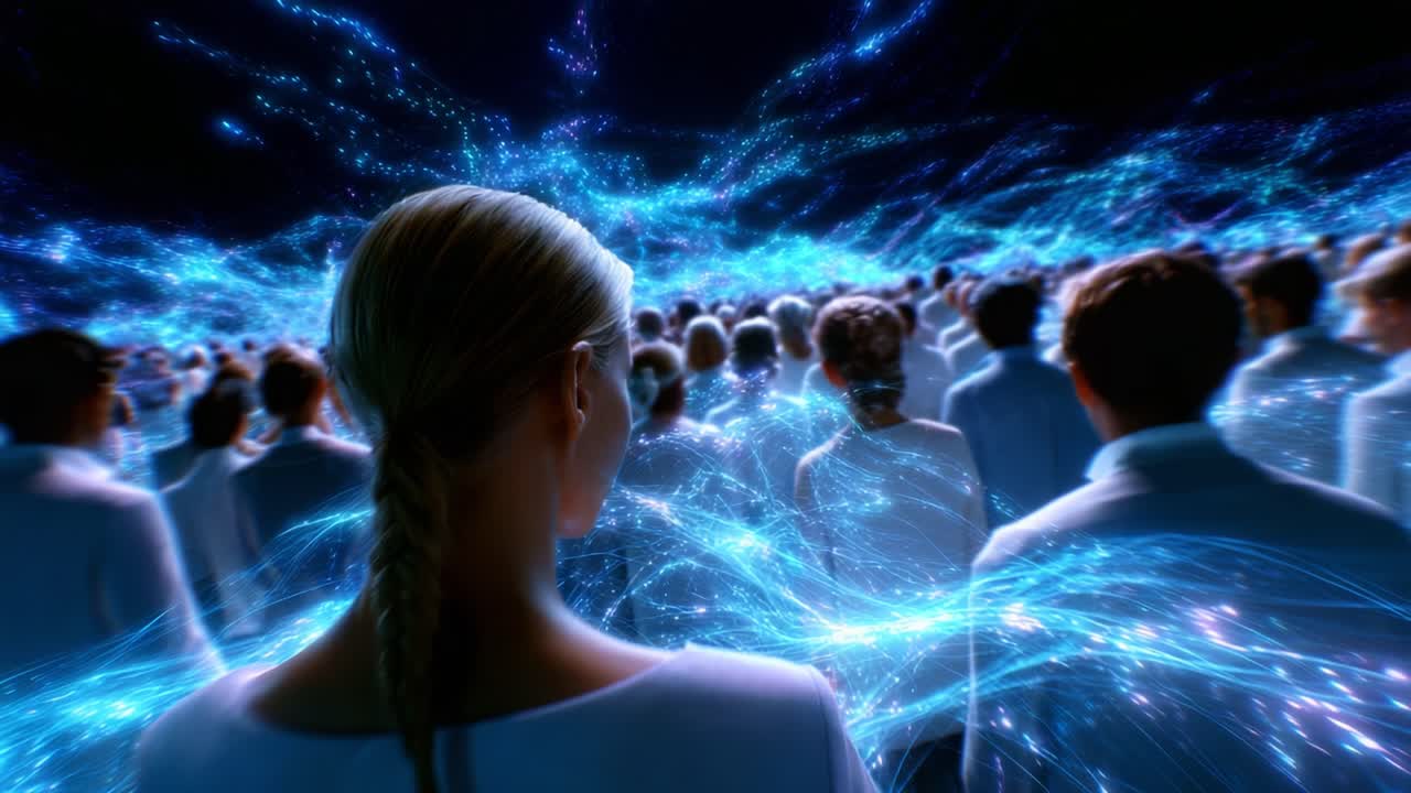 A Futuristic Gathering: A Sea of Silhouettes in a Vast, Illuminated Space, Surrounded by Ethereal Waves of Light, Signifying Connection and Collective Experience in a Digital Era